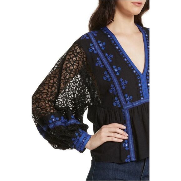Free People Boogie All Night Blouse Black Blue Long Sleeve Lace Embroidery Sz SP - Picture 4 of 17